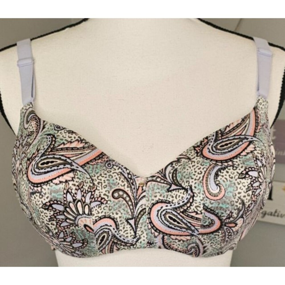 Cacique Balconette Bra 38C Grey Pink Paisley Print Lightly Lined Adjustable EUC